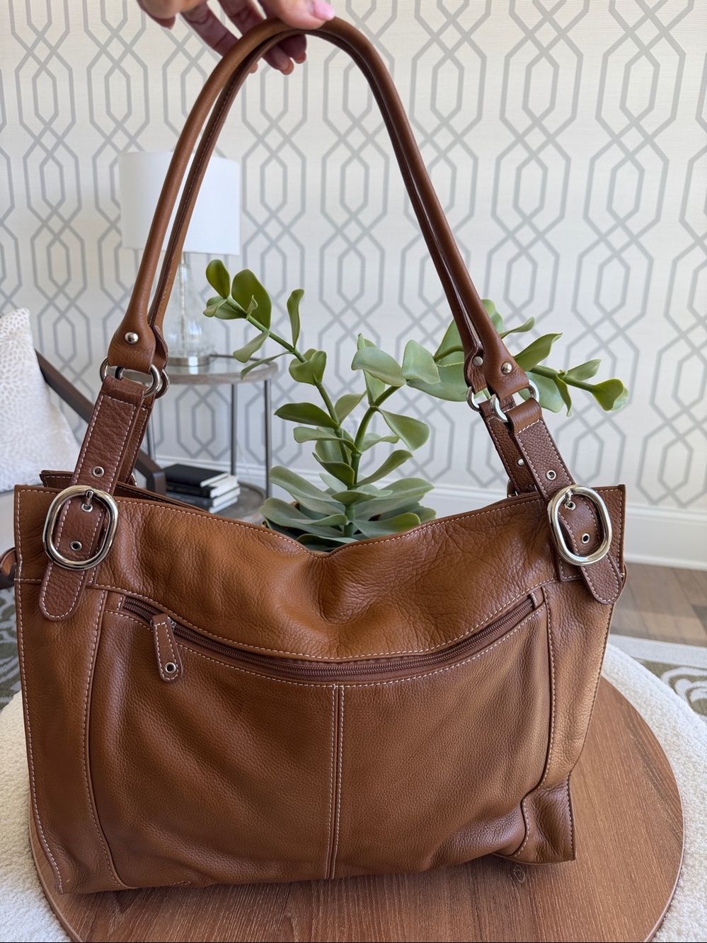 Tignanello Cognac Leather Tote Shoulder Bag Large Soft Pebbled Purse